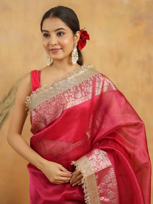 Tissue Silk Saree in Magenta Pink with Gold Zari Border