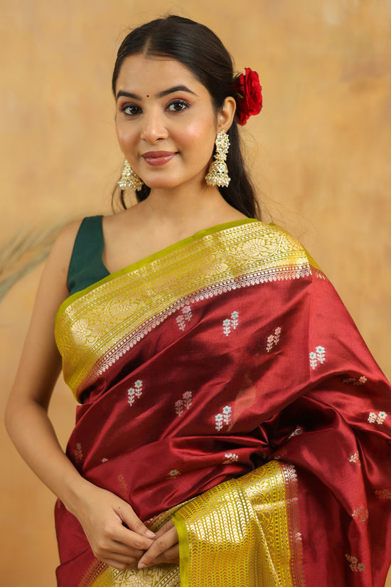 Handwoven Maroon Banarasi Raw Silk Saree with Antique Gold Zari Border