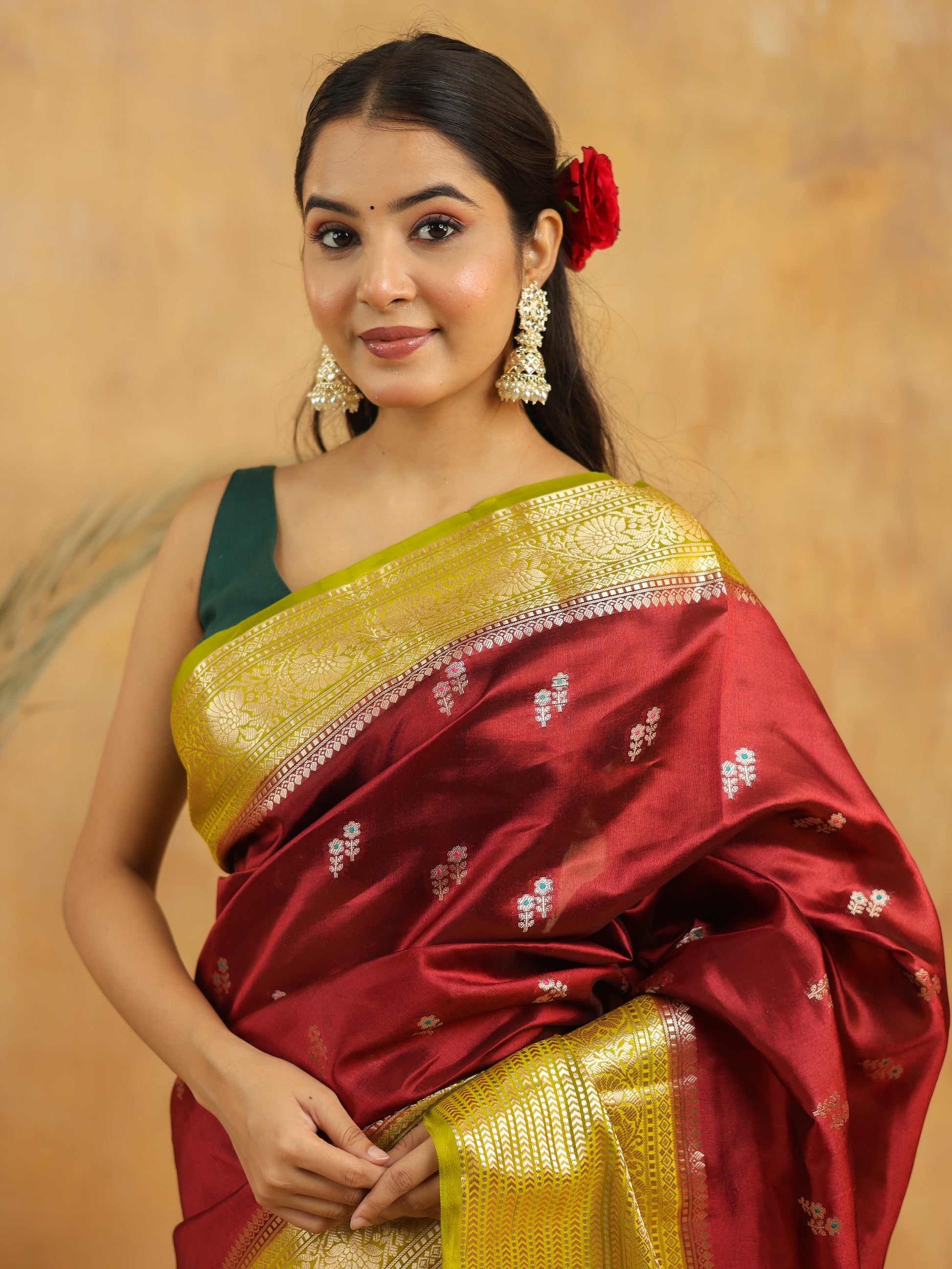 Handwoven Maroon Banarasi Raw Silk Saree with Antique Gold Zari Border