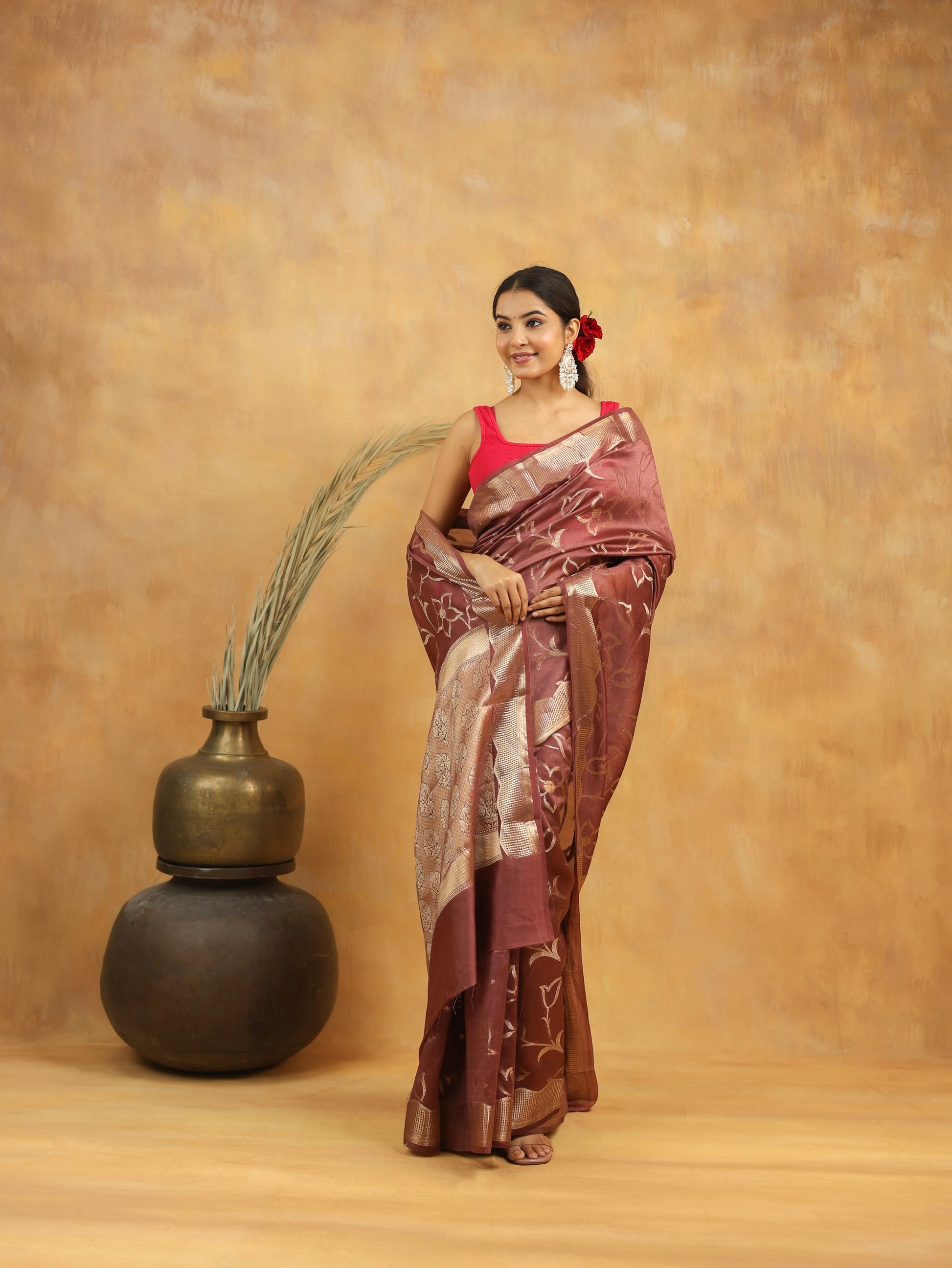 Rust Brown Pure Tussar Silk Saree with Silver Zari Floral Motifs & Border