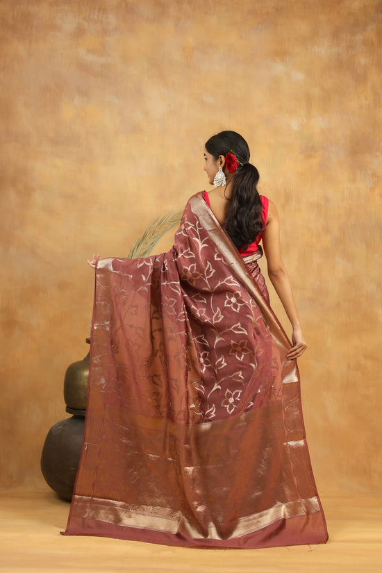 Rust Brown Pure Tussar Silk Saree with Silver Zari Floral Motifs & Border