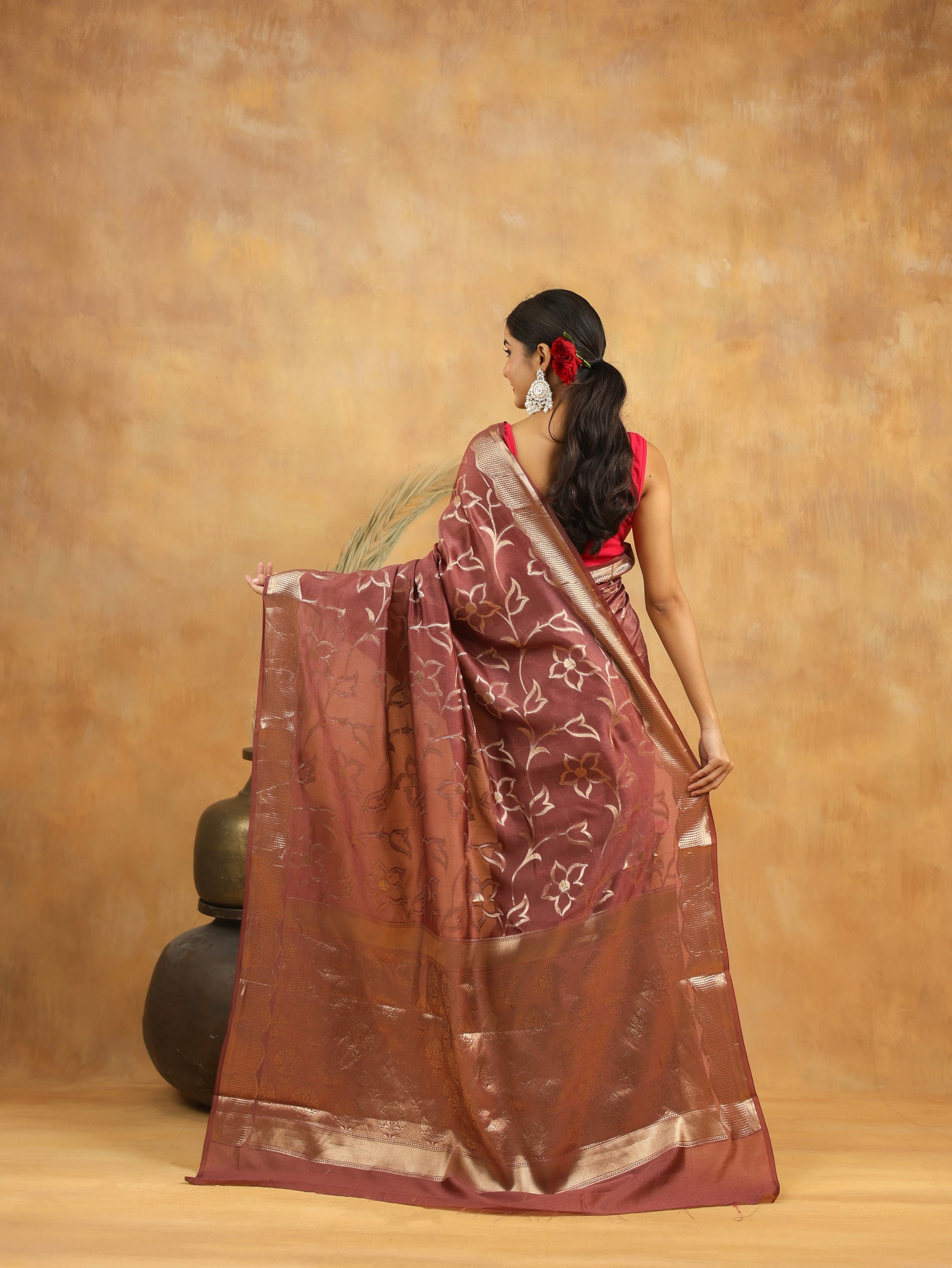 Rust Brown Pure Tussar Silk Saree with Silver Zari Floral Motifs & Border