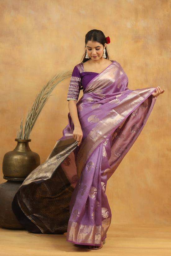 Lavender Purple Pure Tussar Silk Saree with Antique Zari Motifs & Contrast Border