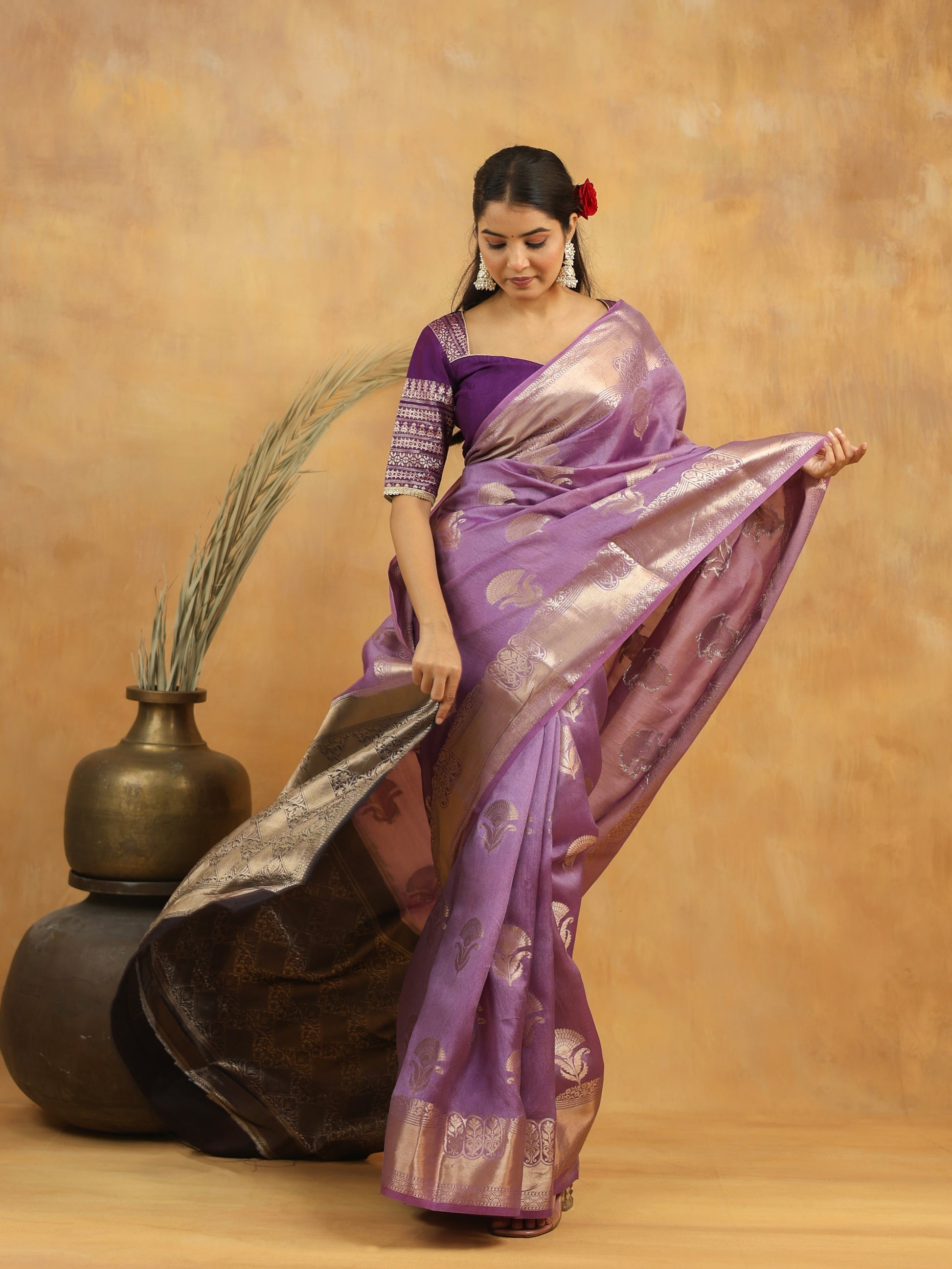 Lavender Purple Pure Tussar Silk Saree with Antique Zari Motifs & Contrast Border