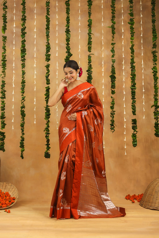 Rust Brown Pure Viscose Silk saree with Silver Zari motifs