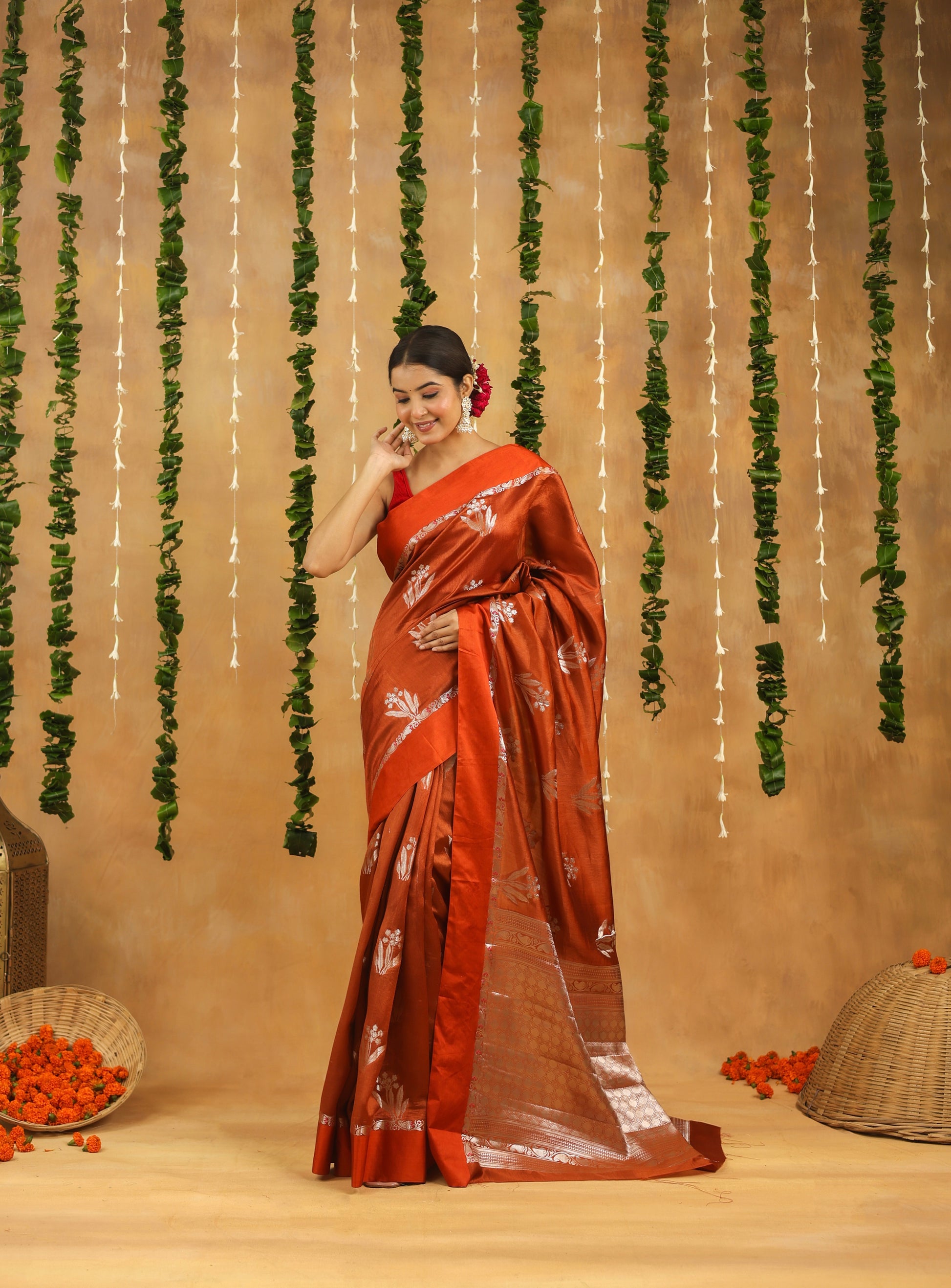 Rust Brown Pure Viscose Silk saree with Silver Zari motifs