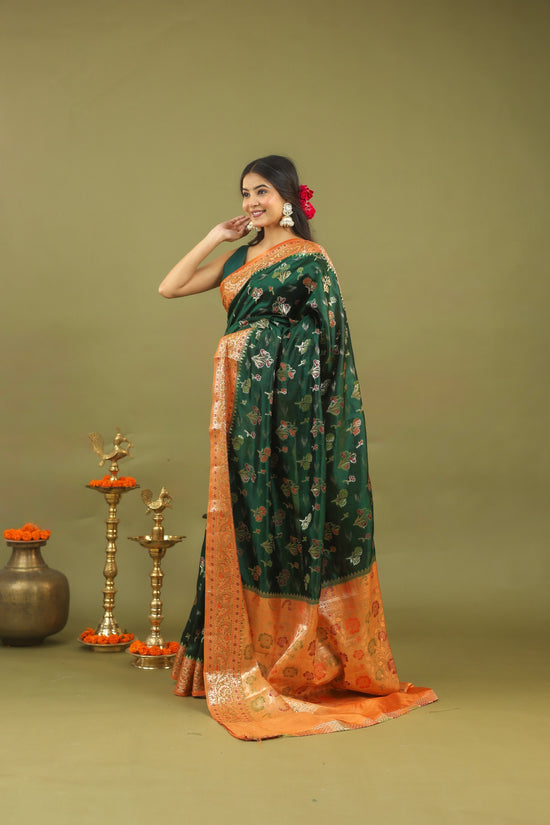 Emerald Green Pure Dupion Silk Saree with Antique Gold Zari Border