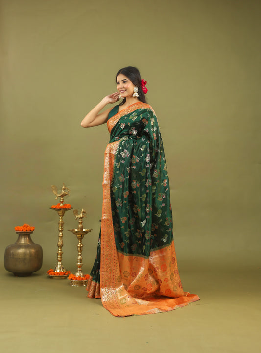 Emerald Green Pure Dupion Silk Saree with Antique Gold Zari Border