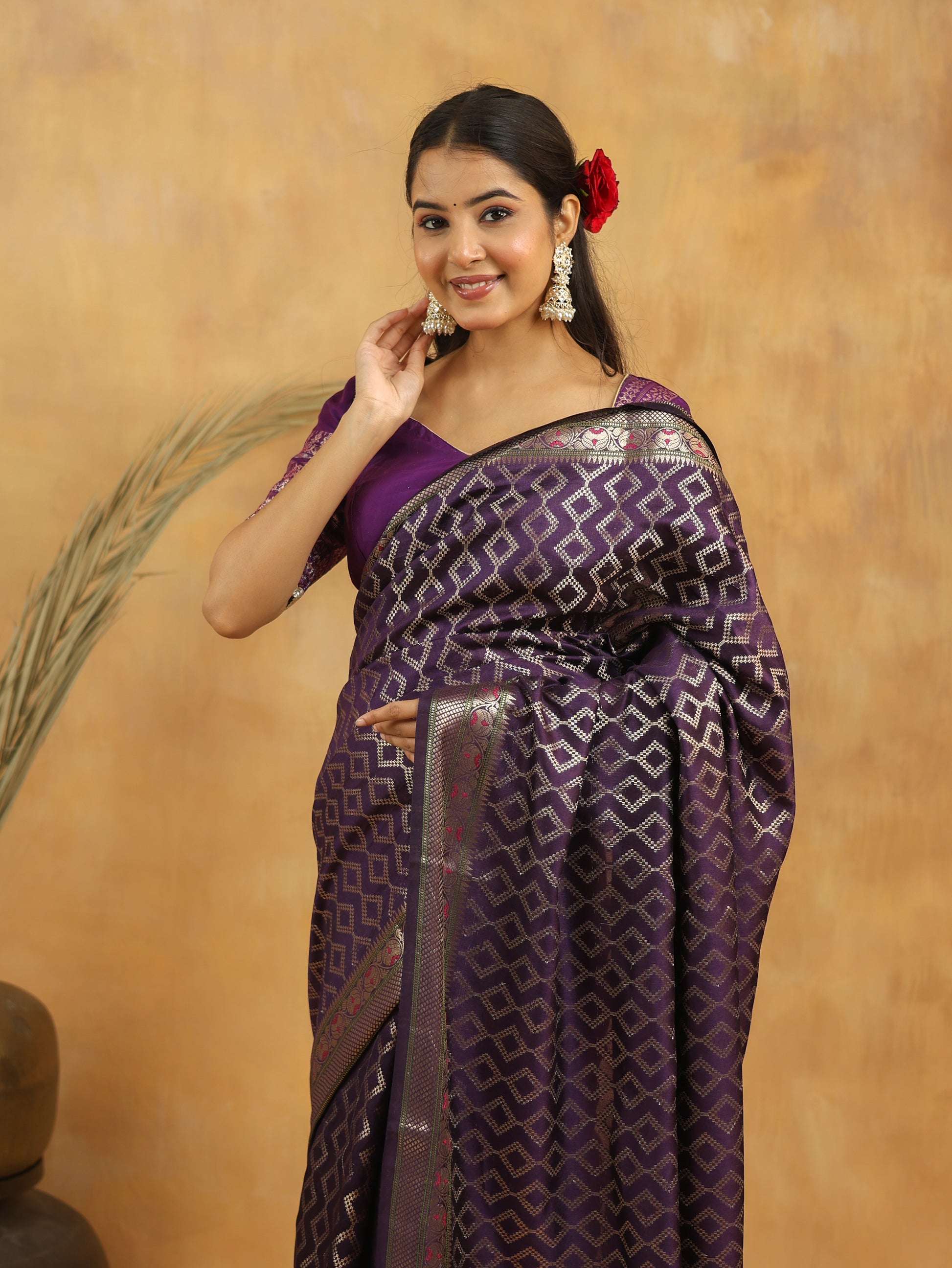 Purple-Green Geometric Pure Tussar Silk Saree with Zari Border