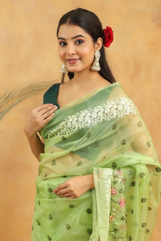 Mint Green Floral Embroidered Organza Saree