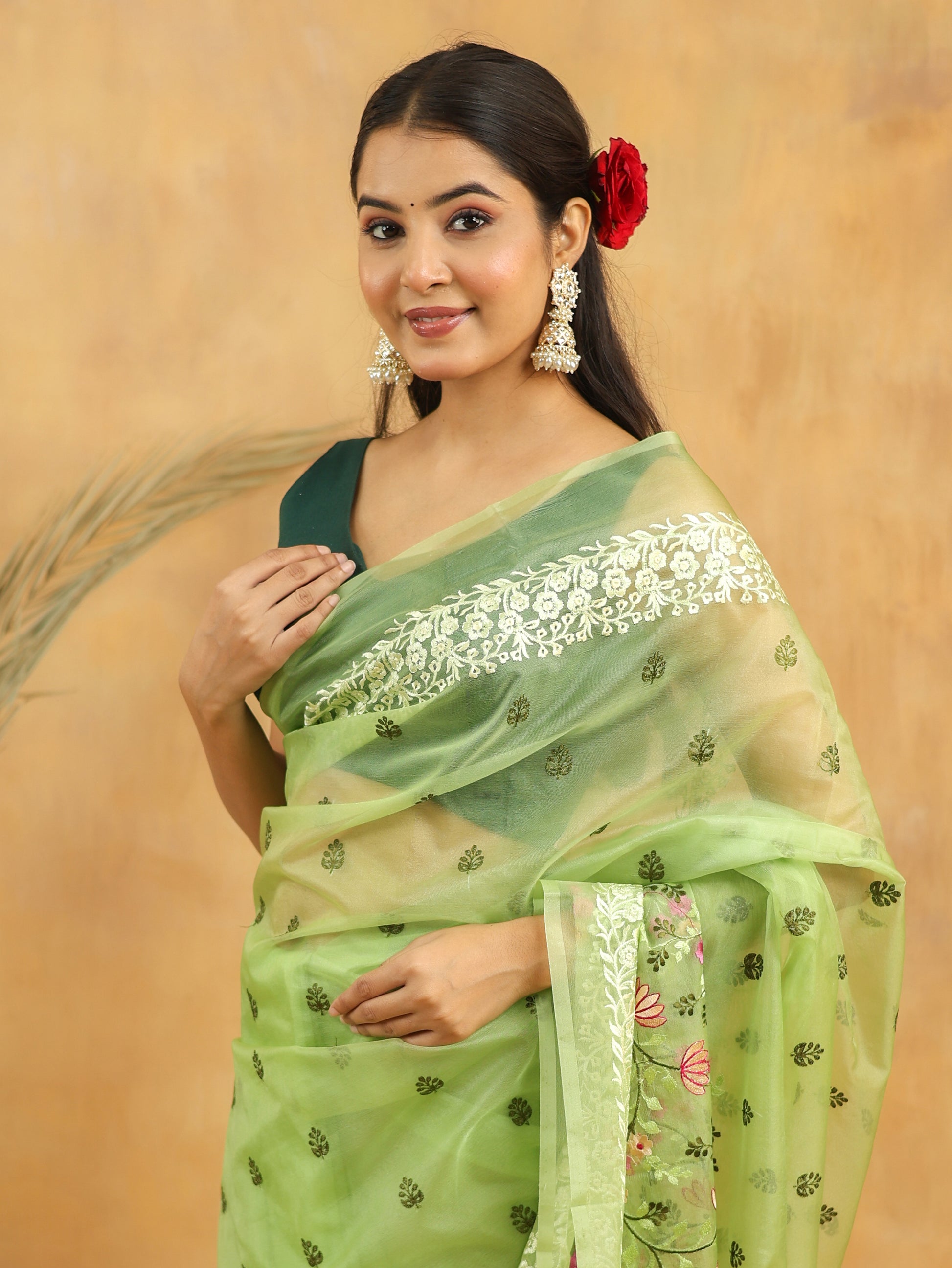 Mint Green Floral Embroidered Organza Saree
