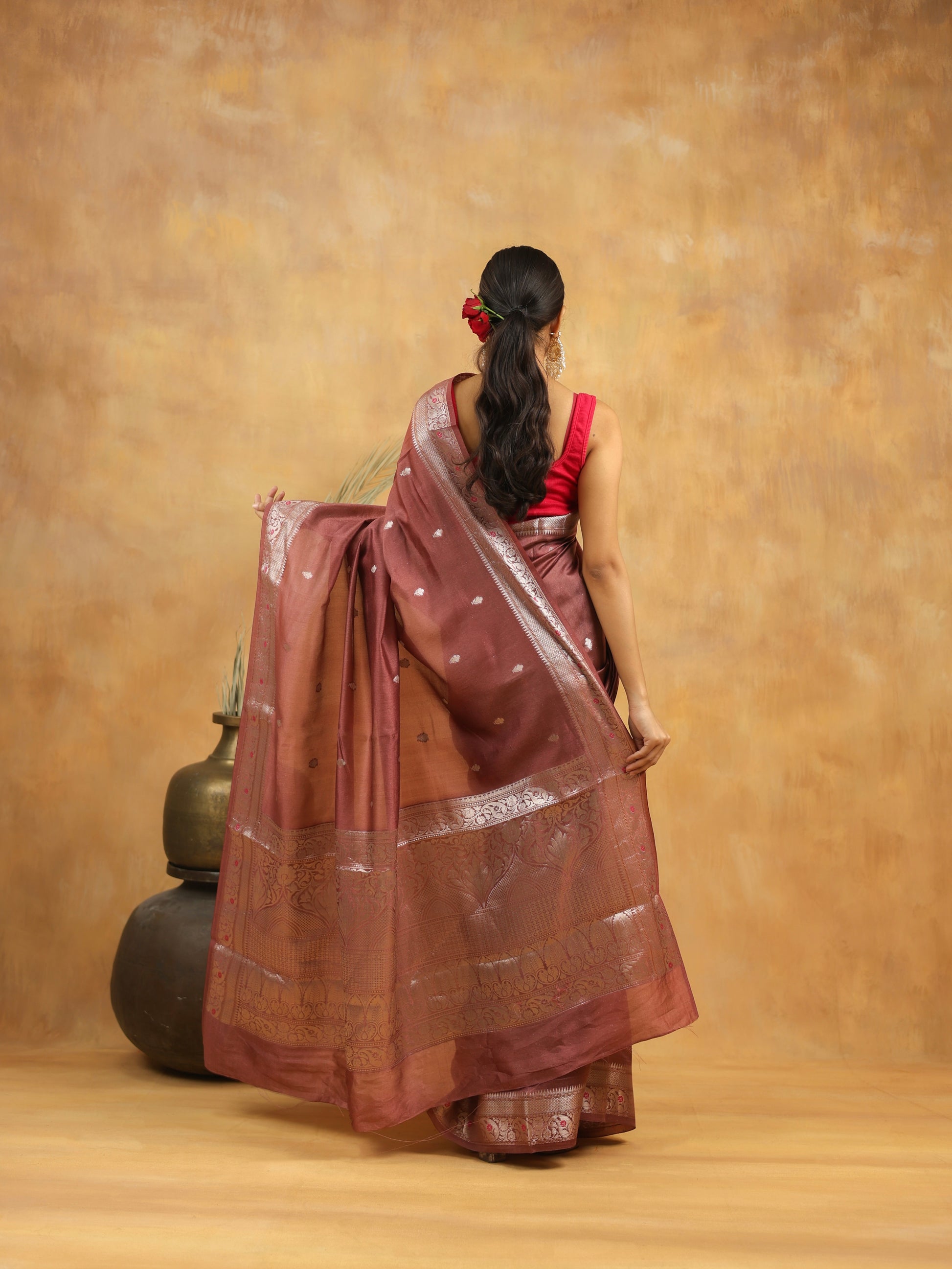 Wine Brown Pure Tussar Silk Saree with Silver Zari Border
