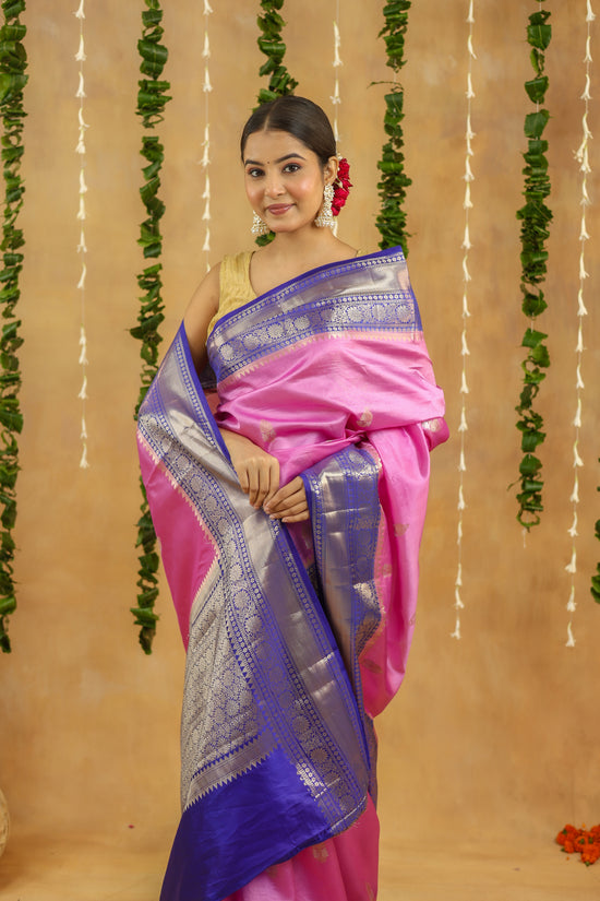 Handwoven Banarasi Raw Mango Silk Saree in Rani Pink with Contrast Blue Pallu & Border