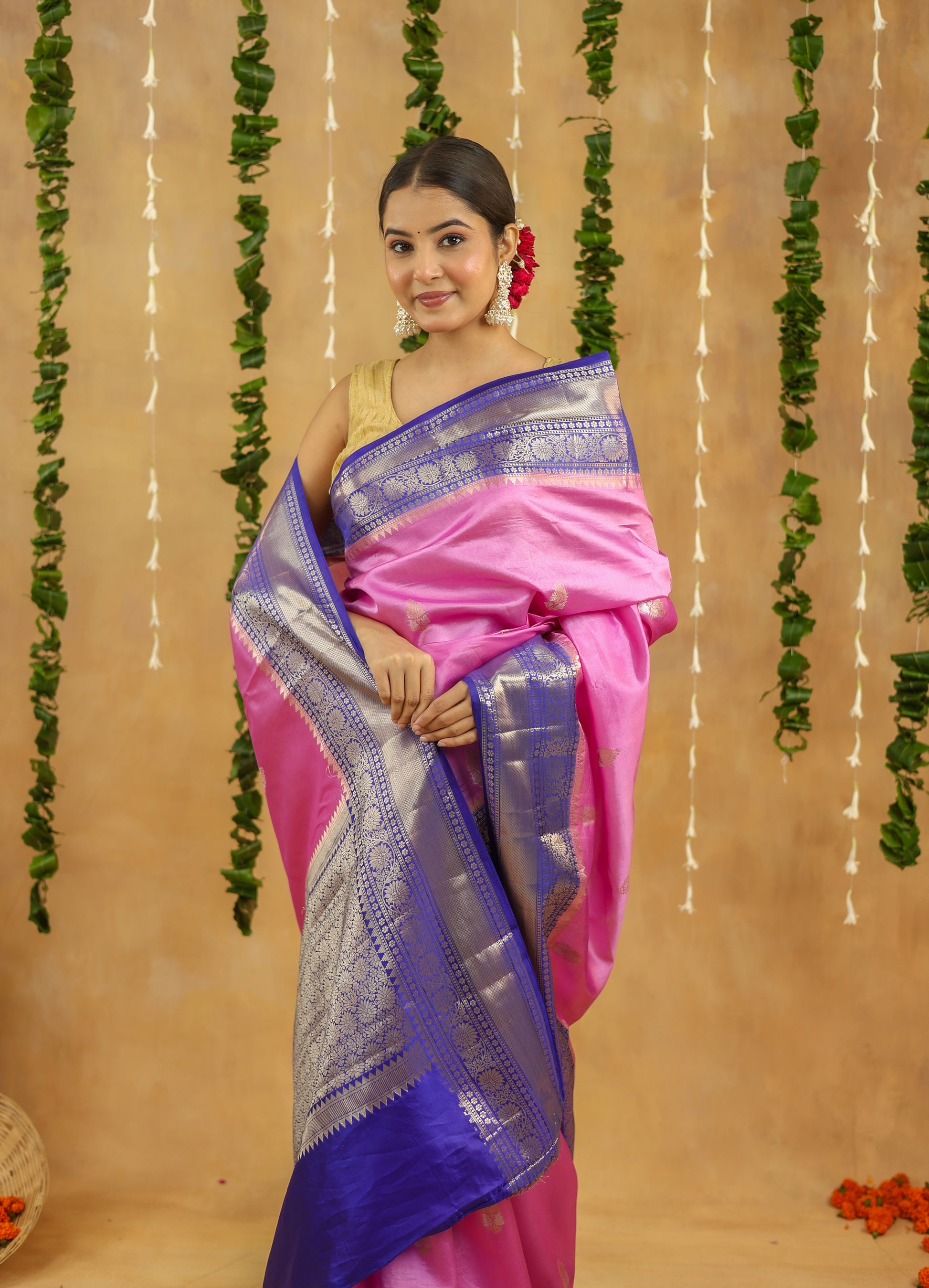 Handwoven Banarasi Raw Mango Silk Saree in Rani Pink with Contrast Blue Pallu & Border