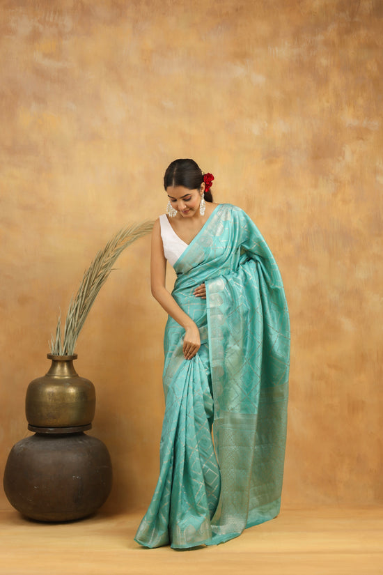 Sky Blue Banarasi Pure Viscose Silk Saree with Intricate Zari Weaving