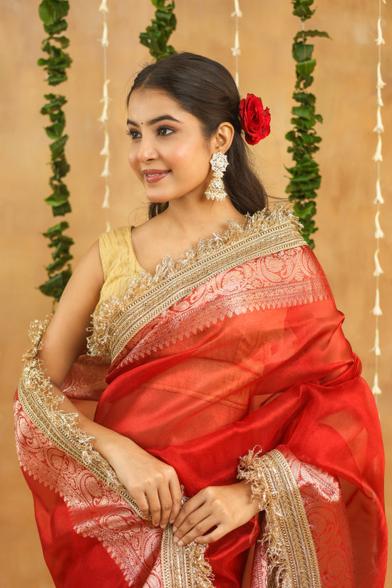 Radiant Red Banarasi Tissue Silk Saree with Intricate Gota Patti Work