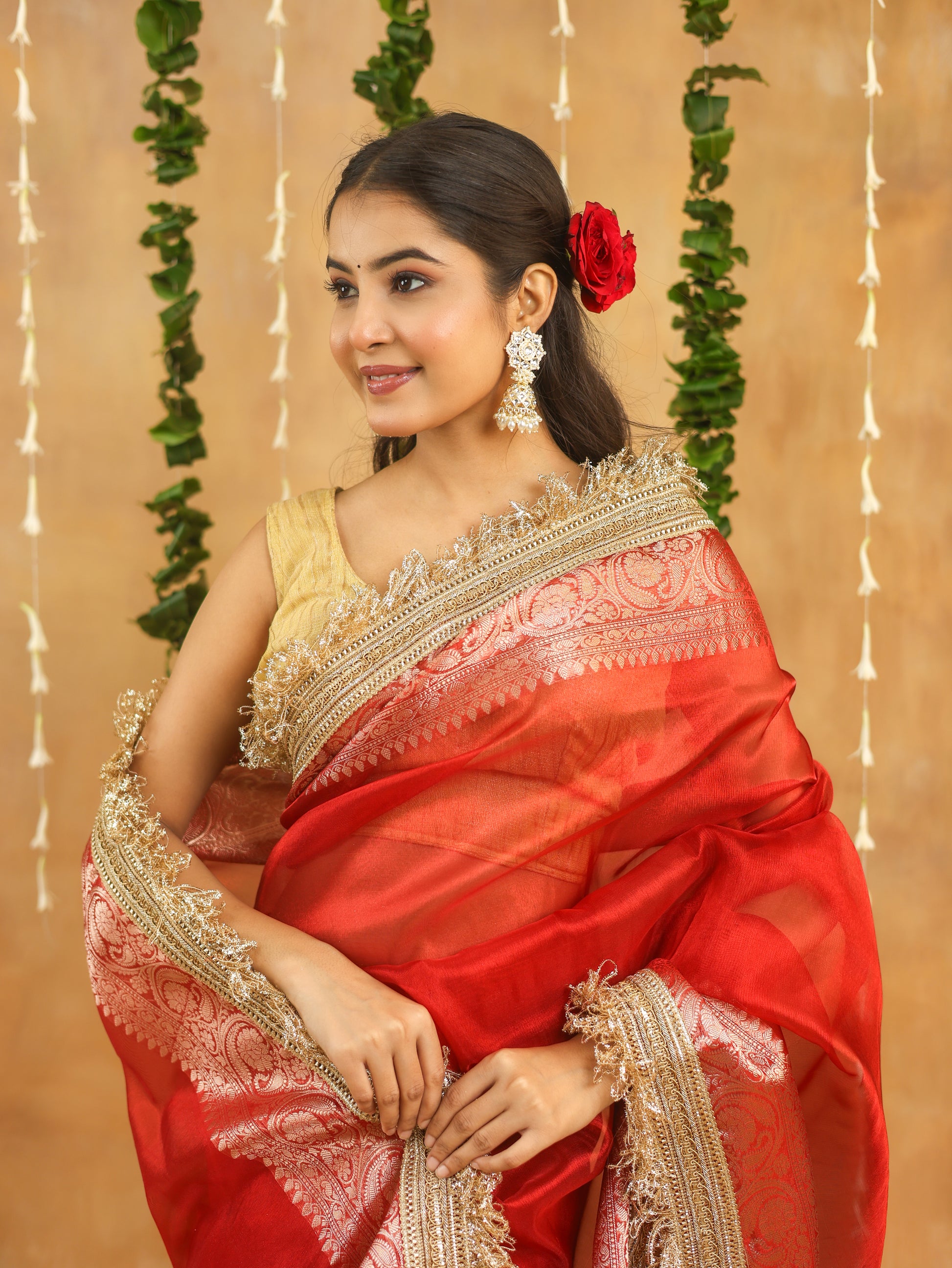Radiant Red Banarasi Tissue Silk Saree with Intricate Gota Patti Work