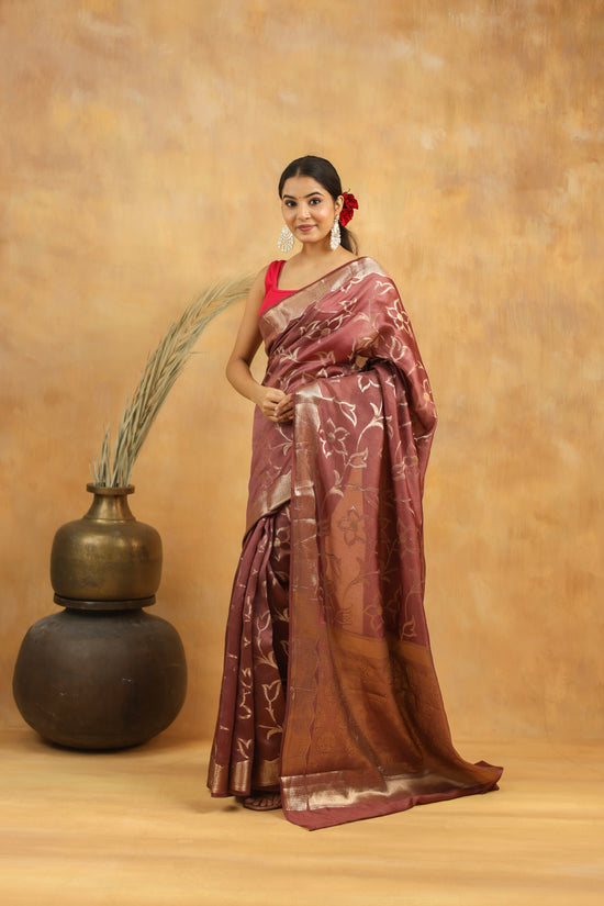 Rust Brown Pure Tussar Silk Saree with Silver Zari Floral Motifs & Border