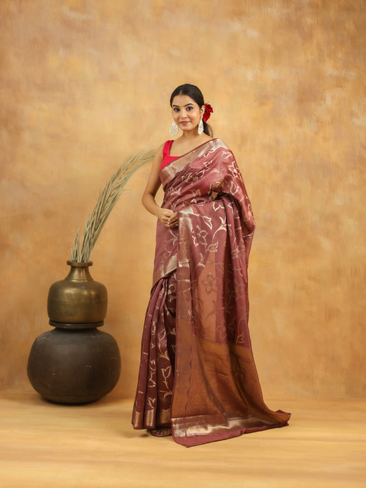 Rust Brown Pure Tussar Silk Saree with Silver Zari Floral Motifs & Border