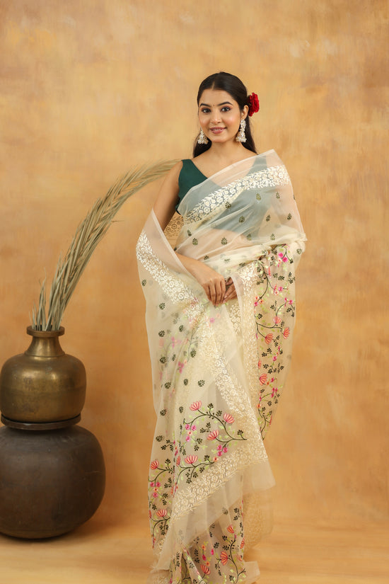 White Blossom Embroidered Organza Saree