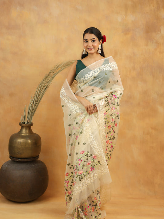 White Blossom Embroidered Organza Saree