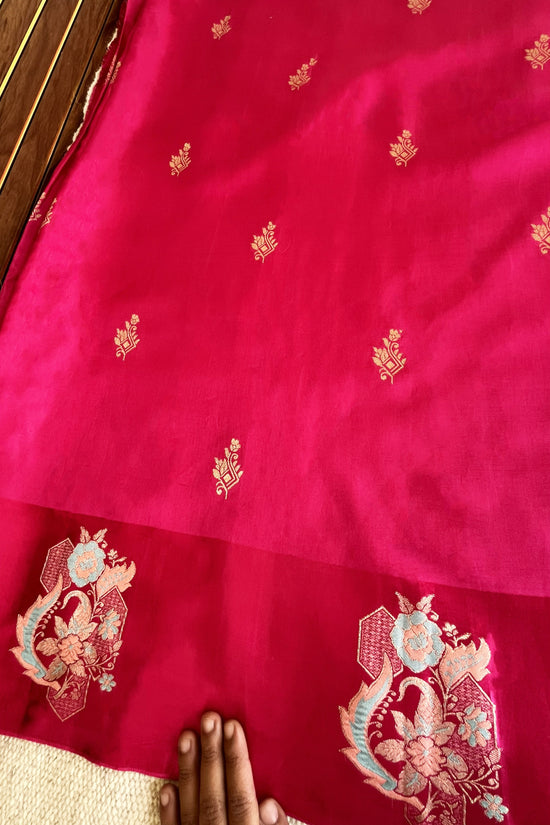 Pure Mashru Border Banarasi Raw Silk Saree- Rani pink