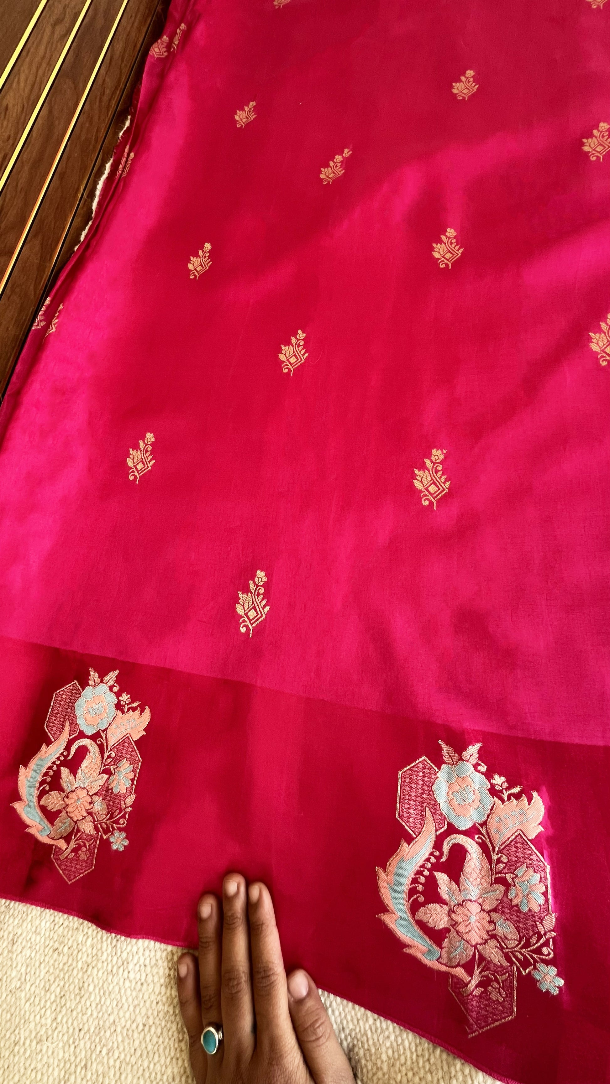 Pure Mashru Border Banarasi Raw Silk Saree- Rani pink