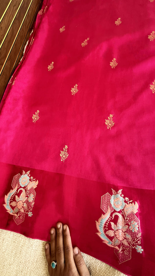 Pure Mashru Border Banarasi Raw Silk Saree- Rani pink