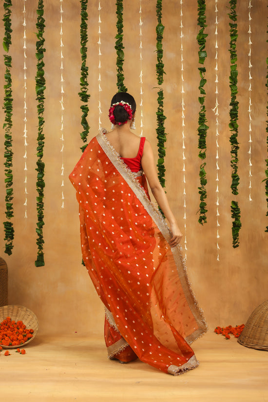 Orange Banarasi Tissue Silk Saree with Golden Zari