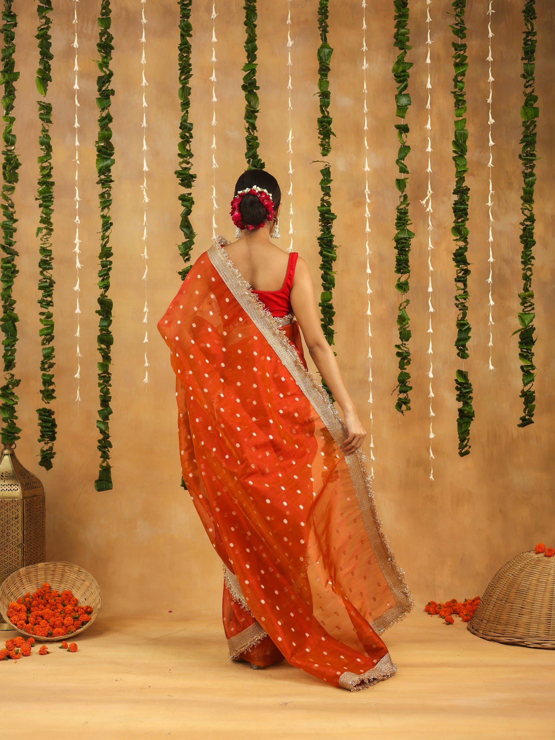 Orange Banarasi Tissue Silk Saree with Golden Zari