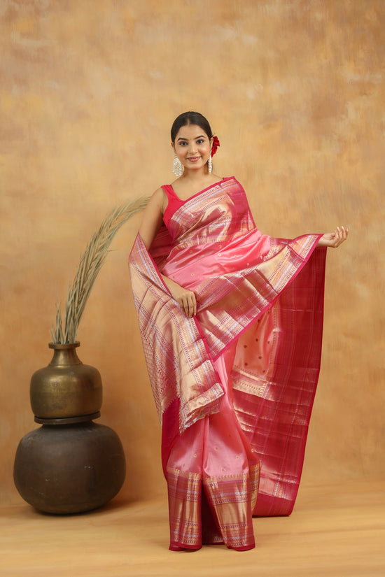 Pure Raw Mango Silk Banarasi Saree in Rose Pink with Gold Zari Border