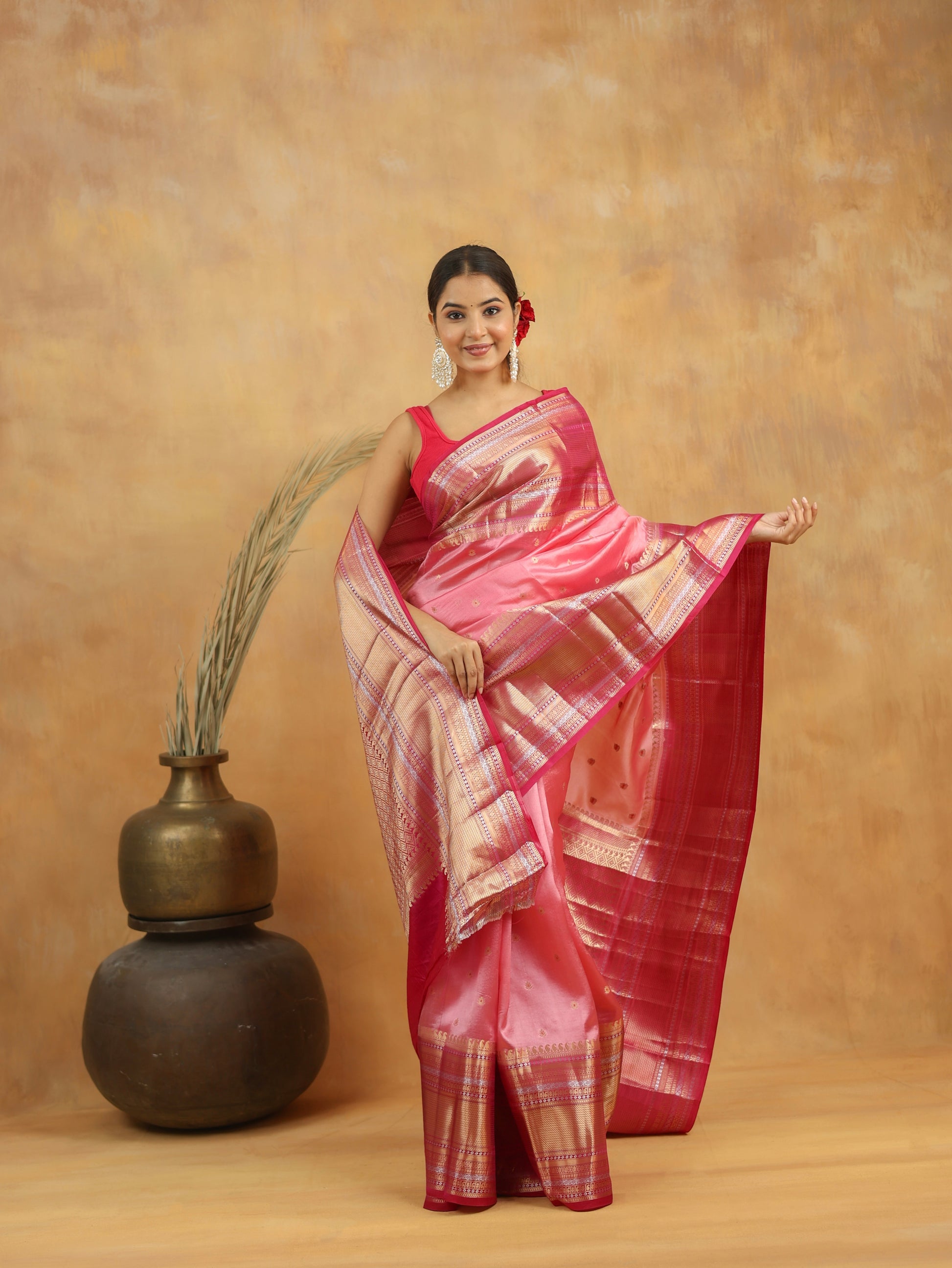 Pure Raw Mango Silk Banarasi Saree in Rose Pink with Gold Zari Border