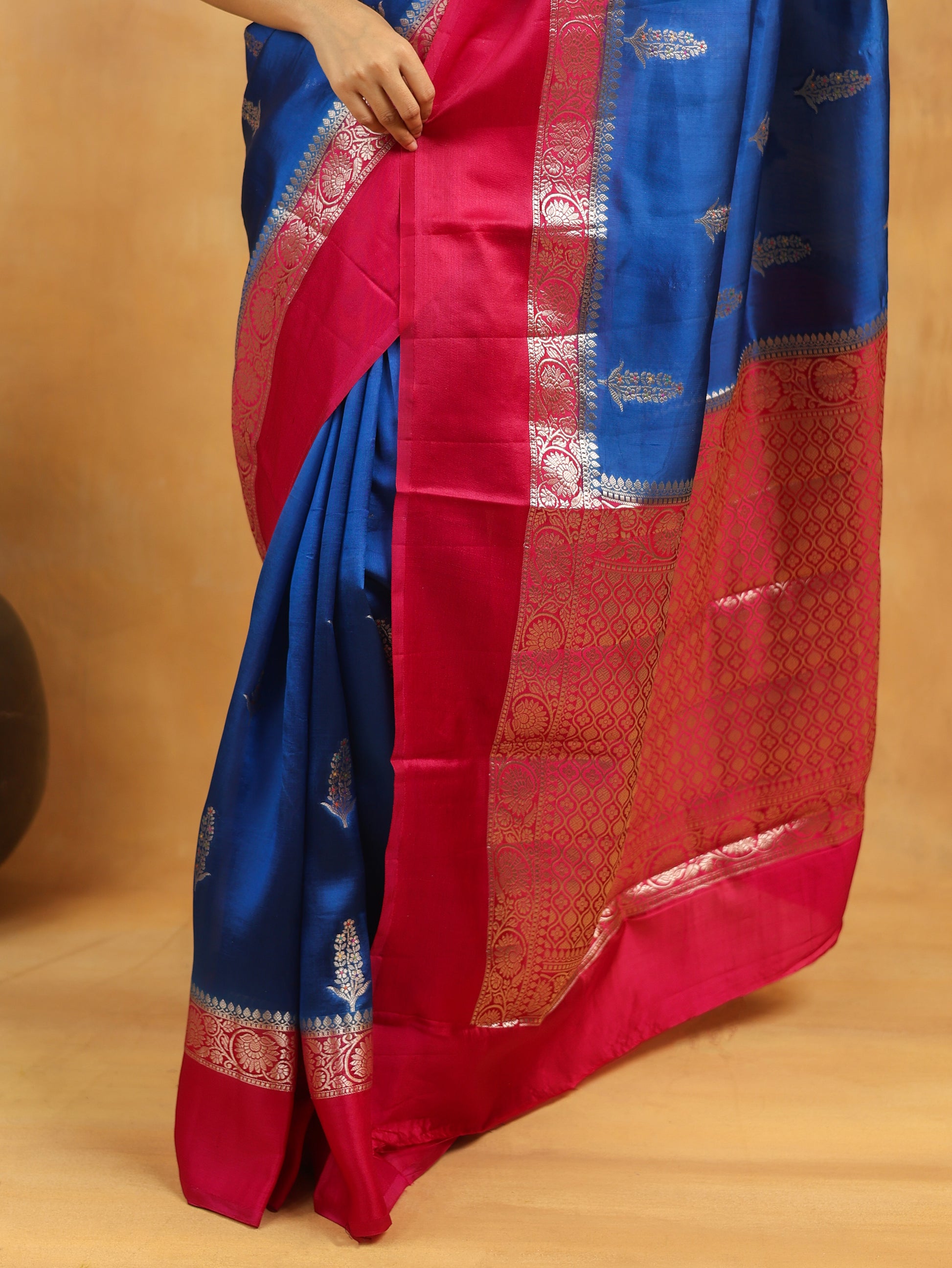 Royal Blue Banarasi Raw Silk Saree with Rani Pink Border and silver zari weaving