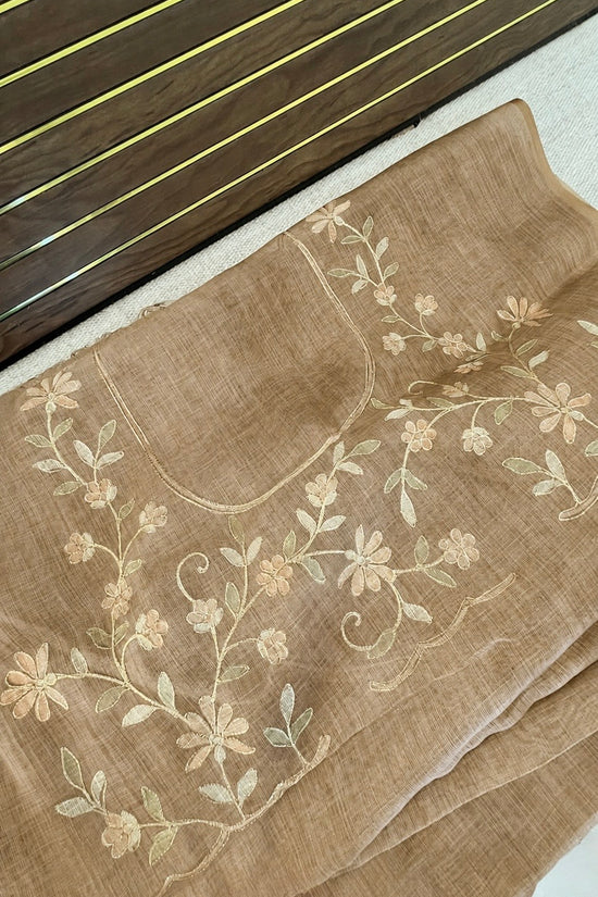 Tissue Linen Saree with Painted Florals & Delicate Aari Work- Golden Beige