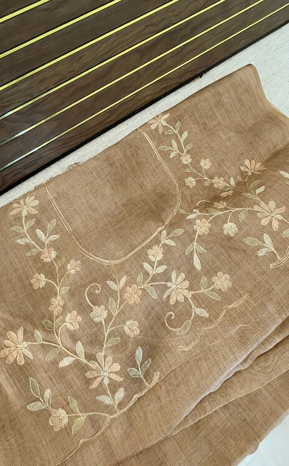 Tissue Linen Saree with Painted Florals & Delicate Aari Work- Golden Beige