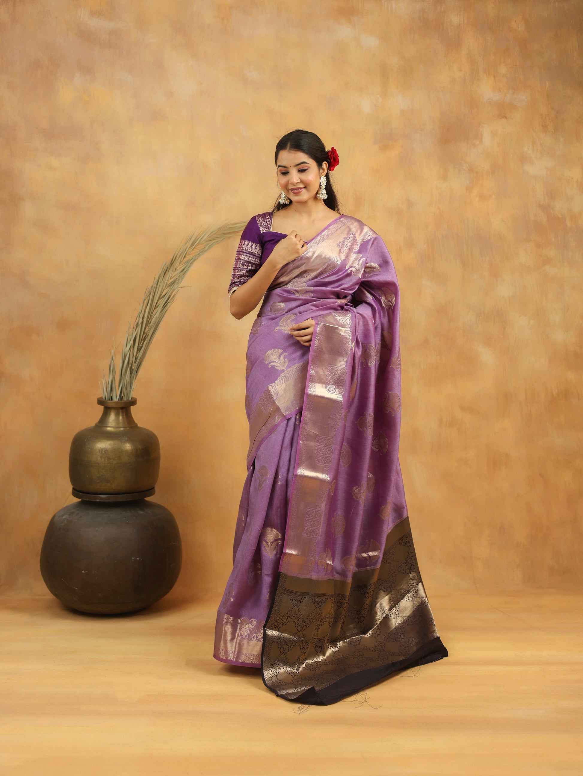 Lavender Purple Pure Tussar Silk Saree with Antique Zari Motifs & Contrast Border