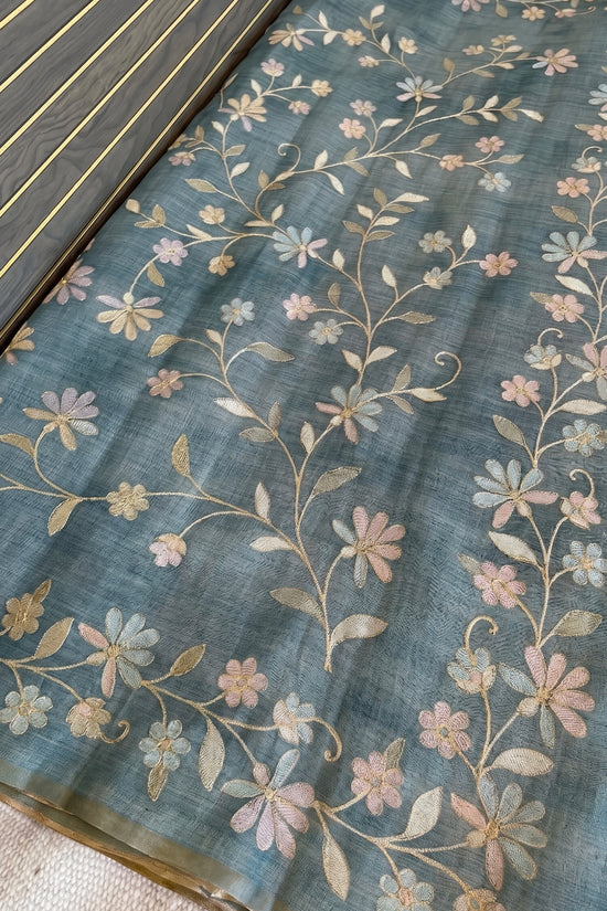 Tissue Linen Saree with Painted Florals & Delicate Aari Work- blue