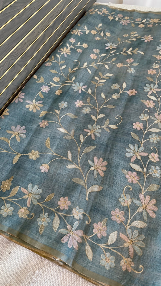 Tissue Linen Saree with Painted Florals & Delicate Aari Work- blue