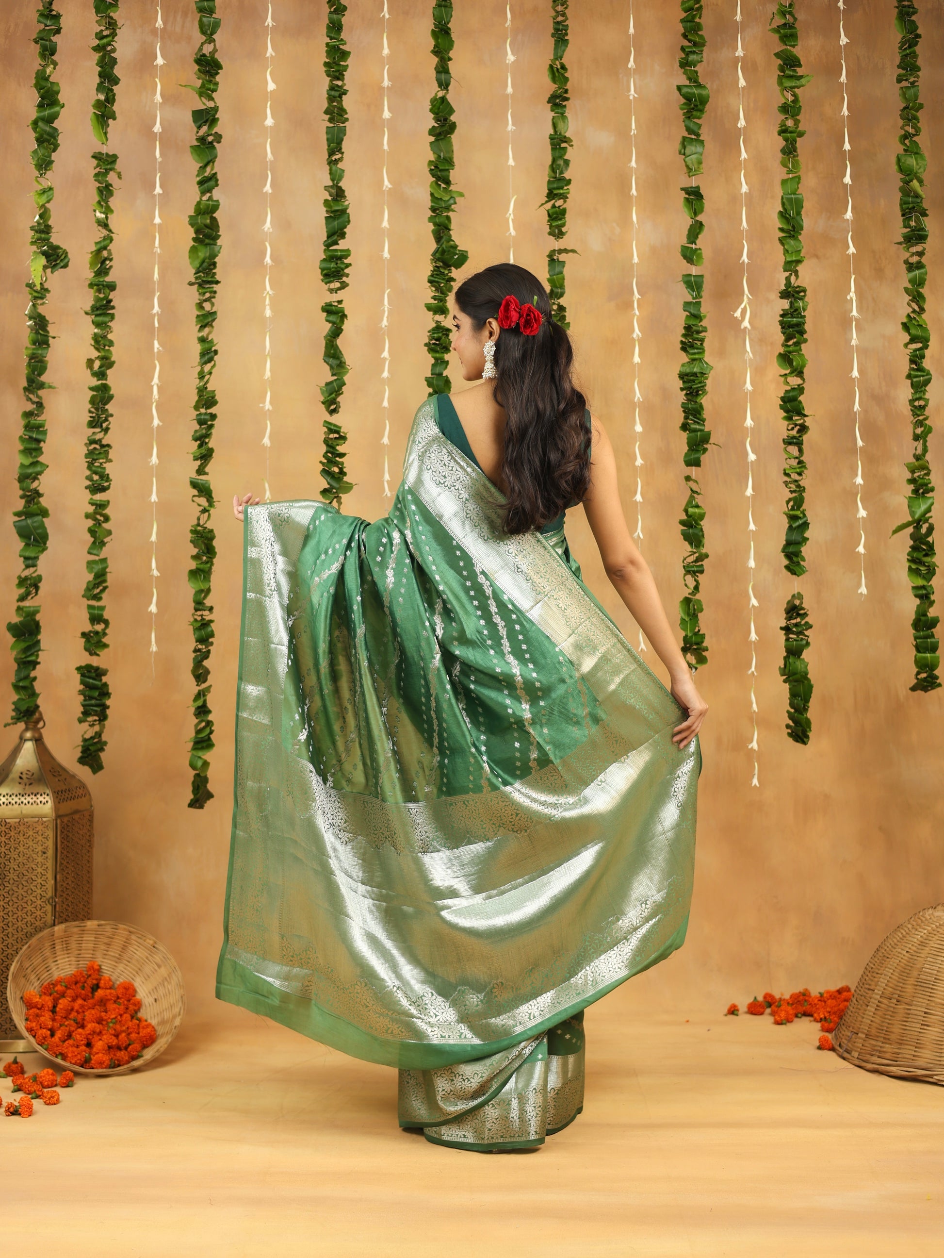 Banarasi Pure Viscose Silk Saree in Forest Green with Silver Zari Border