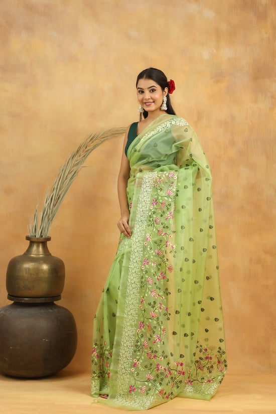 Mint Green Floral Embroidered Organza Saree