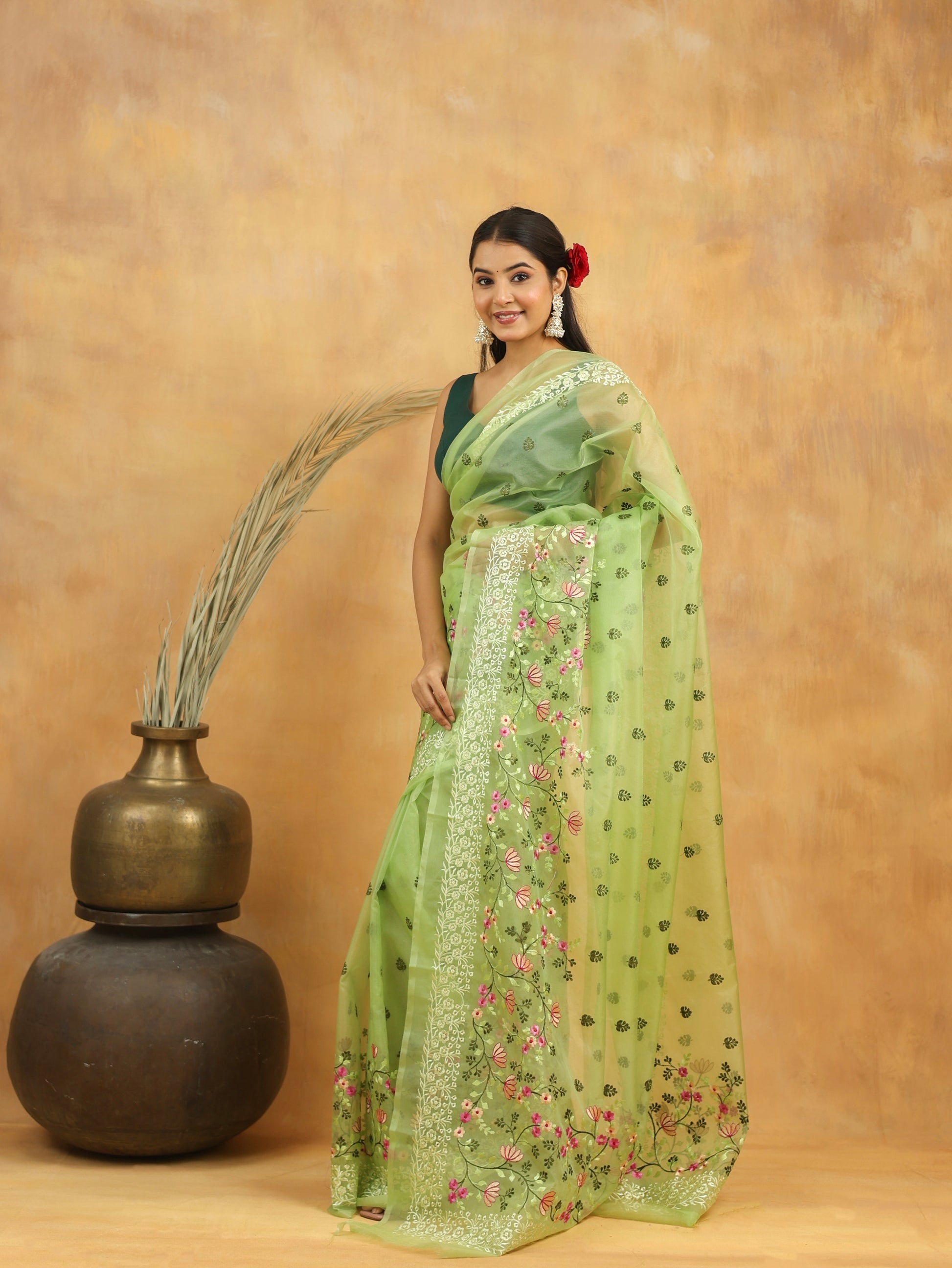Mint Green Floral Embroidered Organza Saree
