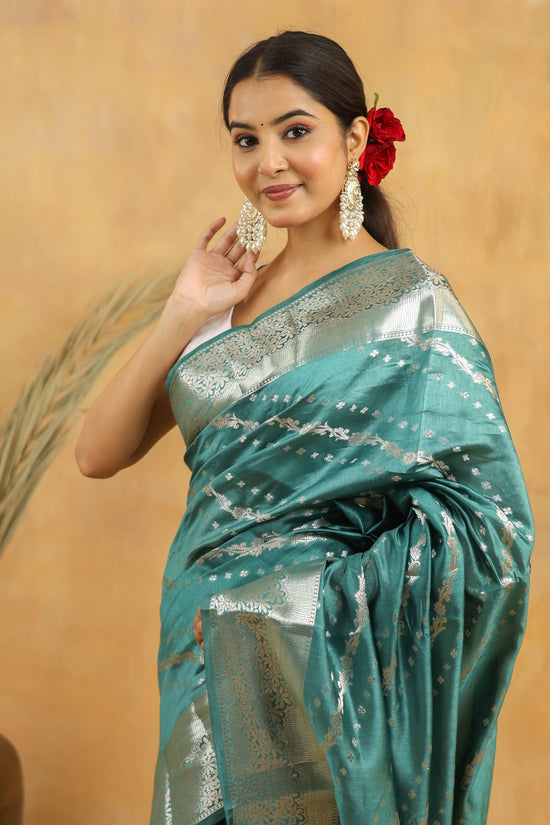 Pure Viscose Silk Saree in Teal Green with Silver Zari Border