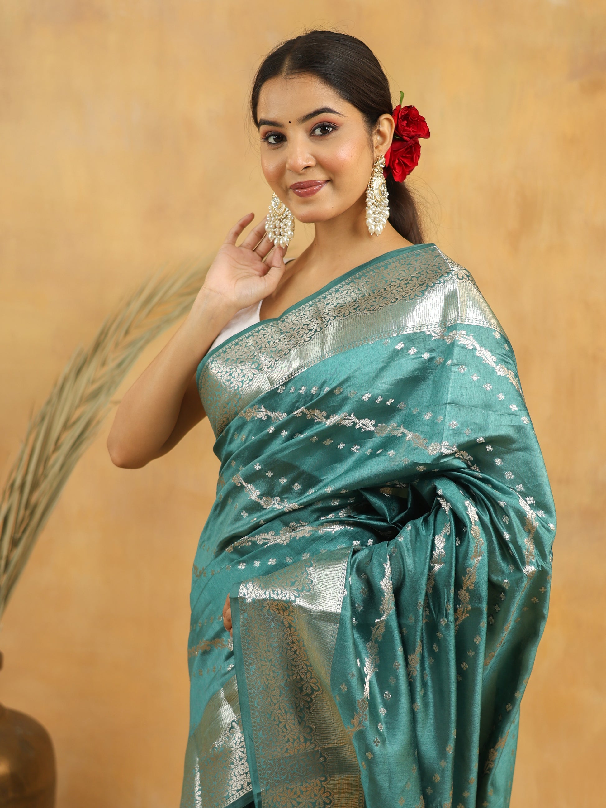 Pure Viscose Silk Saree in Teal Green with Silver Zari Border