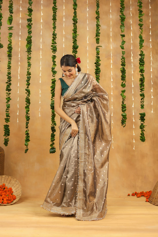 Antique Silver Banarasi Tissue Silk Saree with Polka Motifs