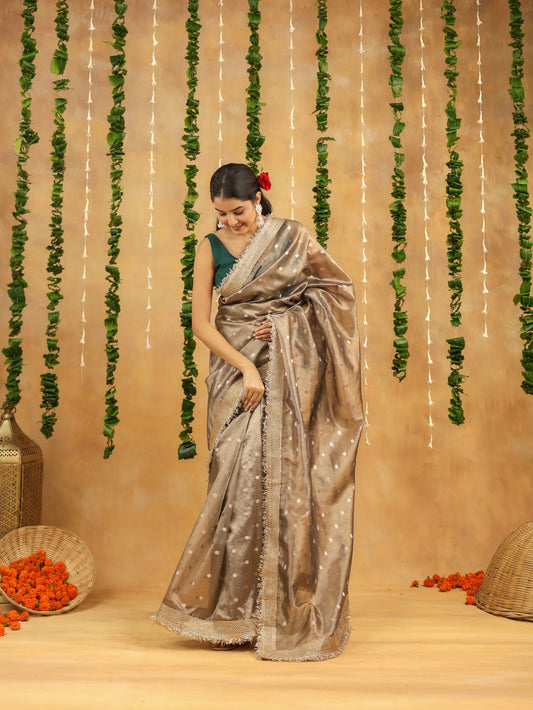 Antique Silver Banarasi Tissue Silk Saree with Polka Motifs