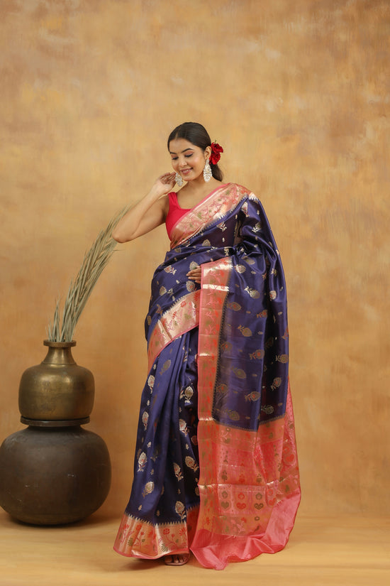 Navy Blue with Peach-Pink border Banarasi Dupion Silk
Saree with Zari & Floral Motifs