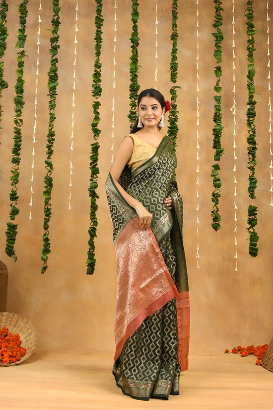 Green-Gold Geometric Pure Tussar Silk Saree with Zari Border
