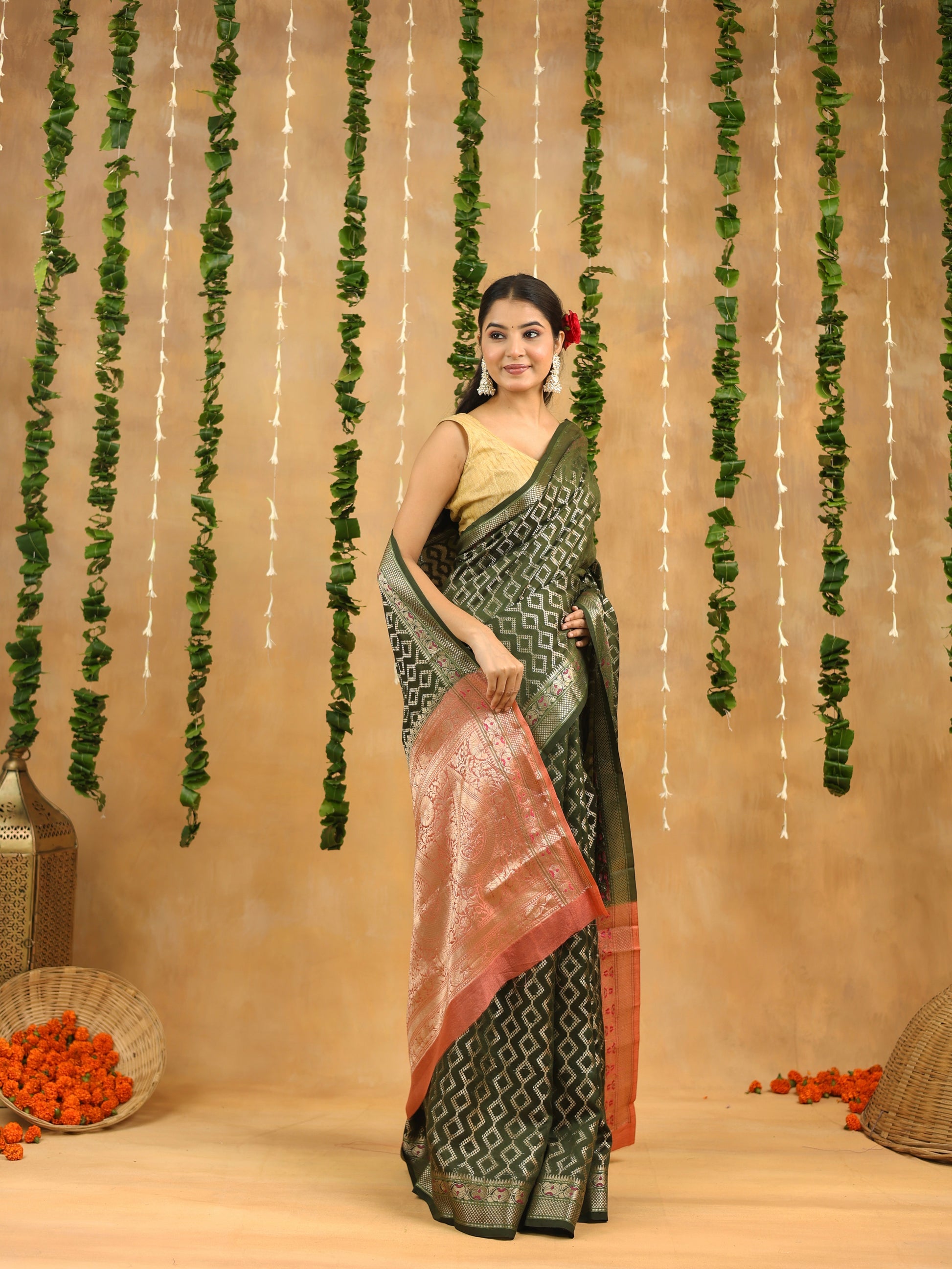 Green-Gold Geometric Pure Tussar Silk Saree with Zari Border