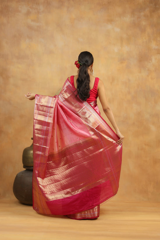 Pure Raw Mango Silk Banarasi Saree in Rose Pink with Gold Zari Border