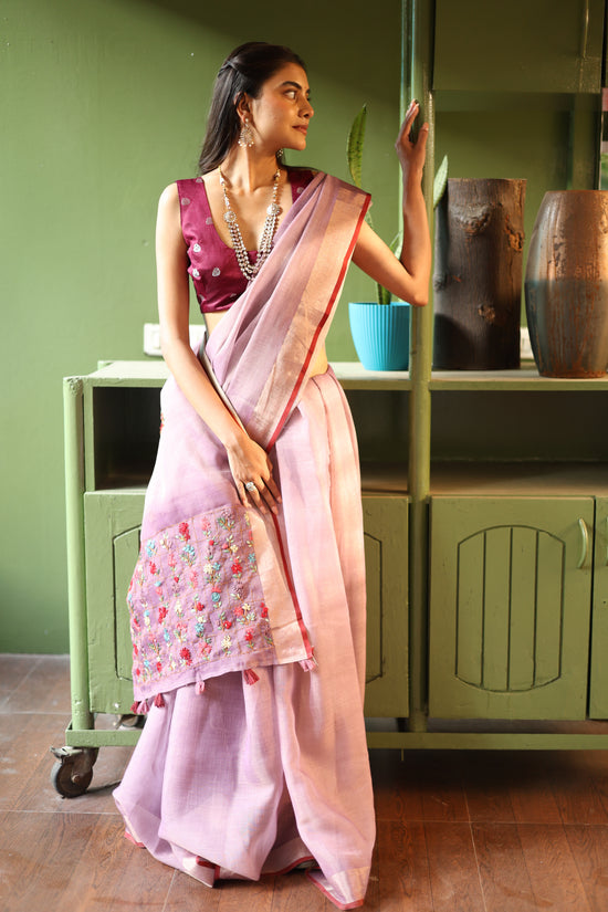 Premium Tissue Linen Sarees with Hand Embroidery- Blush Lilac